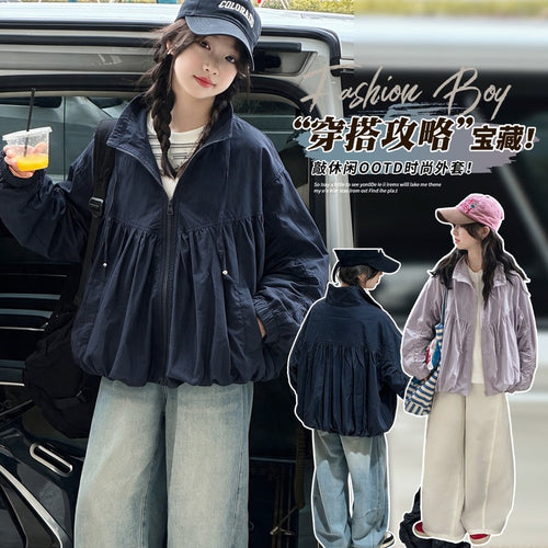 Girls' Casual Short Zip Drawstring Jacket - Loose Fit