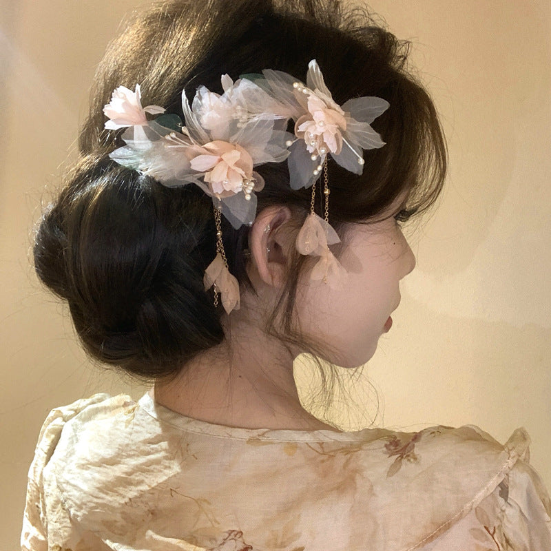 Fabric Pearl Flower Leaf Tassel Hair Clip - view 3