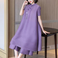 Women's Summer Ethnic Elegant Plus Size Frog Button Pleated Dress 2-Piece Set 2026 - Yellow