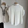 Summer Korean Casual Embroidered Short Sleeve Loose Cuffed Topstitched Shirt