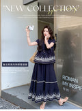 Women's Summer Retro Casual Embroidered Lightweight Skirt Set 2026 - Navy