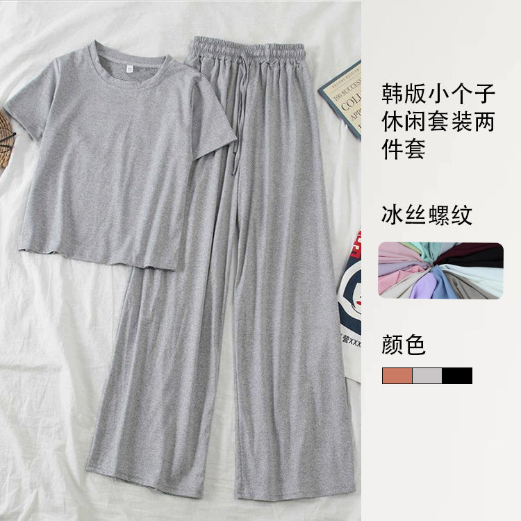 Summer Korean Casual Petite Short Sleeve Wide Leg Pants 2-Piece Set