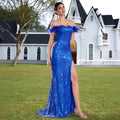Women's Off-Shoulder Sequin Feather Slim Fit Sexy Evening Gown Ball