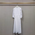 French Elegant Pearl White Dress - Embroidered Hollow V-Neck 3/4 Sleeve Dress