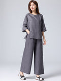 Women's Summer Zen Ethnic Linen 3/4 Sleeve 2-Piece Set 2026 | 2 Piece Outfit Set - Gray Set