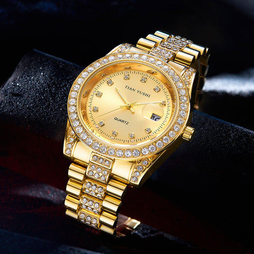 Export Cross-Border Hit Mens Watch Fashionable Formal High-End Waterproof Rhinestone Steel Band Quartz Watch Men Factory Direct