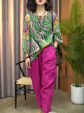 Spring-Summer Ethnic Retro Linen Cotton Printed Harem Pants + Top 2-Piece Set