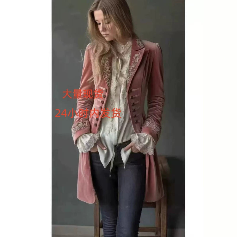 Women's Fall-Winter Velvet Embroidered Long Sleeve Patchwork Jacket 2026 - Pink
