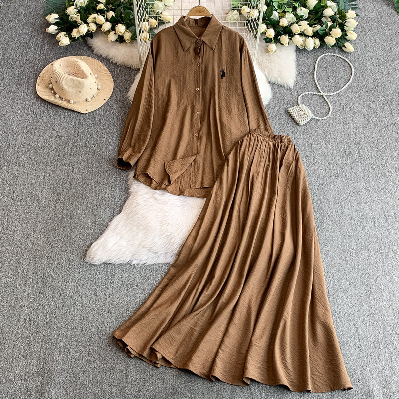 Casual Fashion Embroidered Long Sleeve High Waist Swing Sun-Protection Skirt + Shirt 2-Piece Set