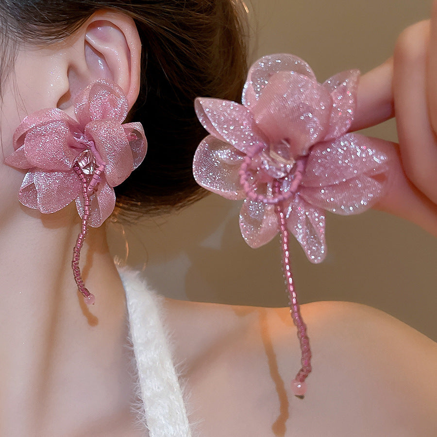 Chiffon Flower Tassel Drop Earrings - view 4