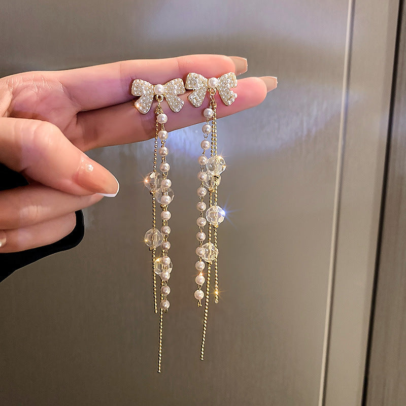 Pearl Flower Rhinestone Tassel Earrings - view 9