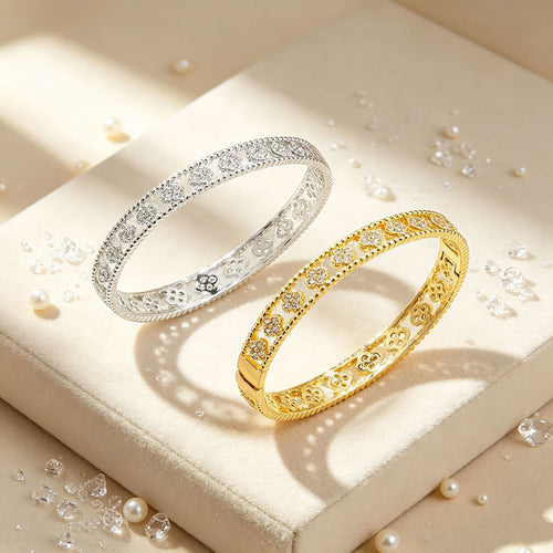 New Cutout Four Leaf Clover Hand Jewelry Women Fashionable Versatile 10K Flower Tube Bangle Premium Light Luxury Crystal Flower Bracelet