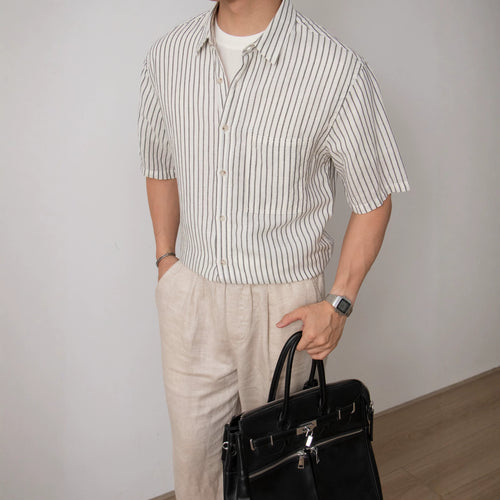 Nengmeng Retro Fine Stripe Lyocell Pocket Shirt