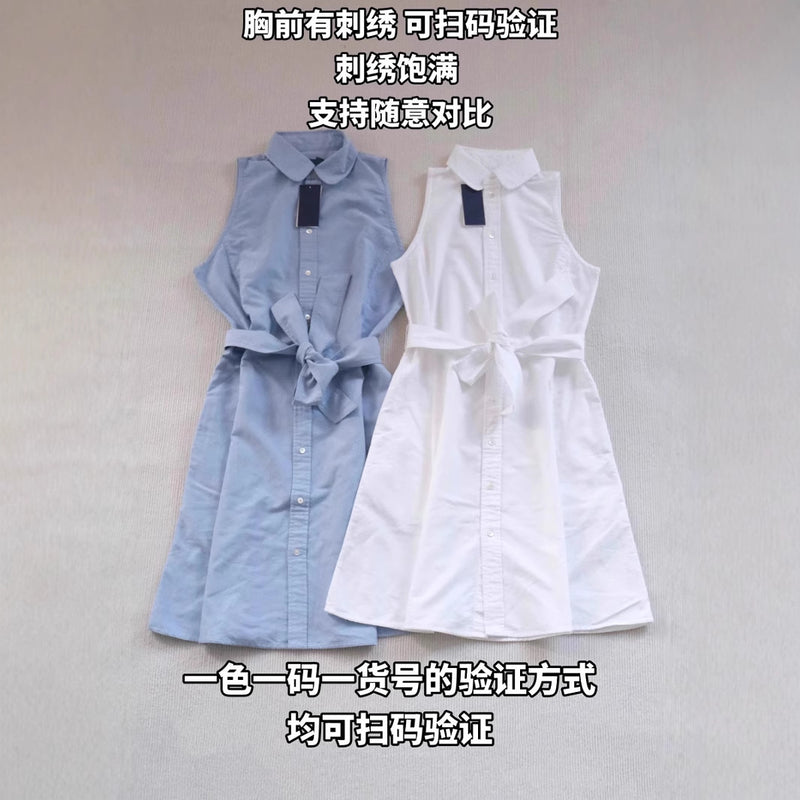 RL Pony Embroidered Sleeveless White Cotton Shirt Dress