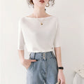 Summer Short Sleeve Boat Neck High Waist Cropped Knit Top + Tee