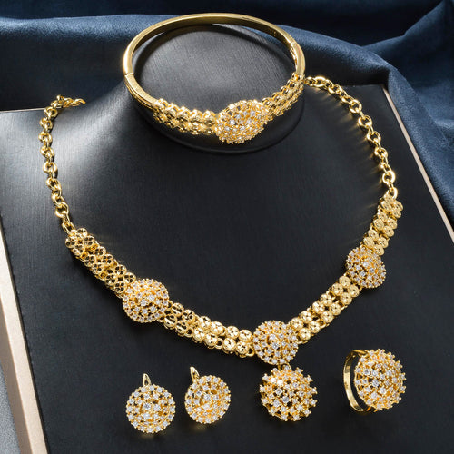 Overseas Pro Supply Western 18K Gold Plated Rhinestone Necklace Bracelet Set Earrings Ring Luxury Wedding Banquet Accessory Set