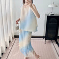 Issey Miyake Style Gradient Two-Piece Set - Sleeveless Top plus Fringe Skirt