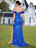 Women's Off-Shoulder Sequin Feather Slim Fit Sexy Evening Gown Ball