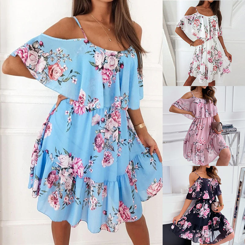 Off-Shoulder Chiffon Print Dress - Sexy Floral Spring Fashion Dress Women