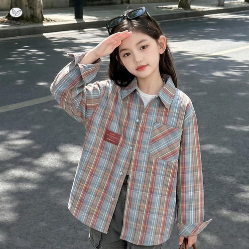 Girls' Plaid Letter Print Lapel Jacket - Fall