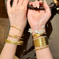Vintage Gold Flower Width Edge Bangle Women Multi-Layered Wear Vacation Breeze Bracelet Exquisite Fashionable Hand Jewelry