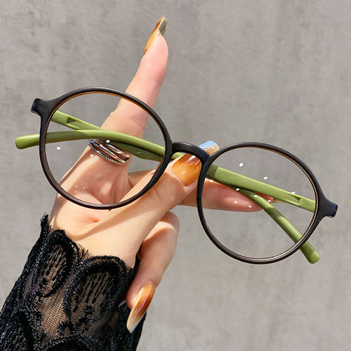 Contrast Presbyopia Glasses Ultra-Light Mustard Green Glasses Frame Single Vision Fashionable HD Retro Round Anti-Blue-Light Reading