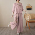 Summer Hong Kong Fashion Linen Cotton Embroidered Heavy Pants Set