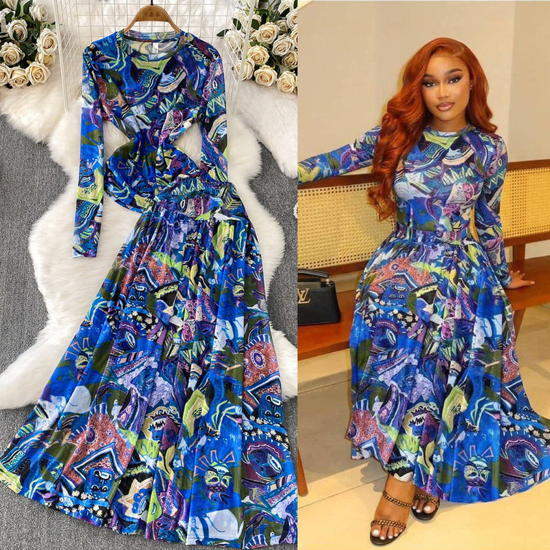 French Slimming Mesh Crew Neck High Waist Printed Tee + Long Skirt + Top 2-Piece Set