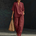 Summer Old Money Relaxed Linen Short Sleeve V-Neck Loose Wide Leg Pants + Top 2-Piece Set