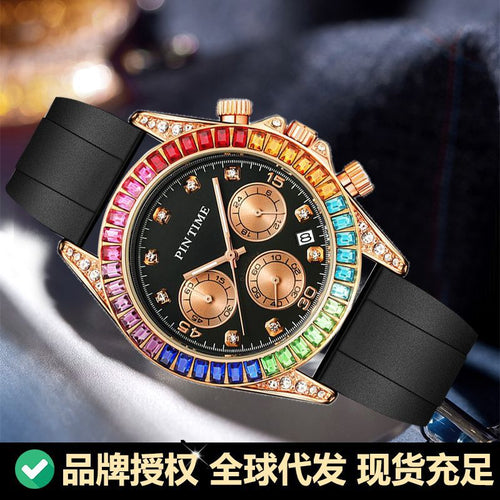 Item Time Watch Men Export Rainbow Daytona Mens Watch Silicone Band Sports Waterproof Mens Watch Large Crystal Ring Men Watch