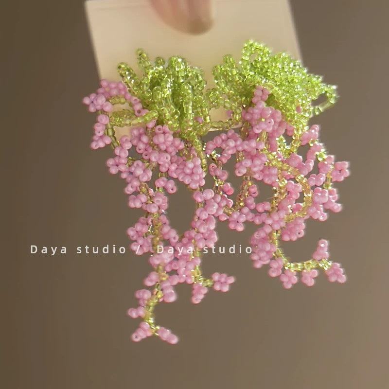 Pink Fabric Flower Tassel Earrings - view 10
