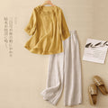 Summer Casual Fashion Linen Cotton Embroidered Wide Leg Pants + Pants + Top Set