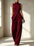 Fashion Elegant Sleeveless Drapey Shirt + Pants Set
