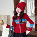 Girls' Contrast Polo Collar Cardigan & Jeans Set - 2-Piece