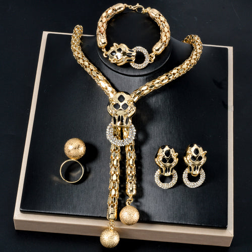 Overseas Set New Western Fashionable Party Leopard Cubic Zirconia Fringe Necklace Bracelet Set Earrings Ring Jewelry Set
