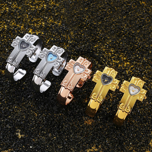 2026 Cross-Border Bestseller Bangle Watch Stock Wholesale Western Cross Retro Heart Bracelet Quartz Watch