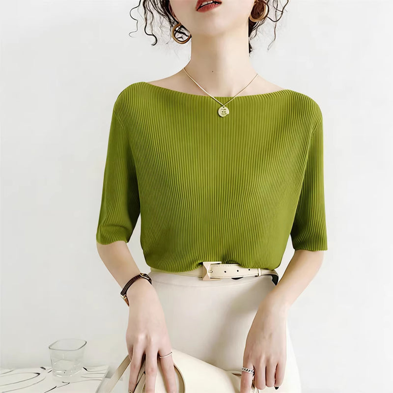 Summer Short Sleeve Boat Neck High Waist Cropped Knit Top + Tee