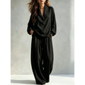 Fall Casual Elegant Long Sleeve Lapel Collar Loose Pants + Top 2-Piece Set