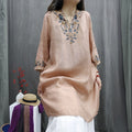 Vintage Linen Embroidered Shirt Dress - Mid-Length Casual Blouse Dress Women