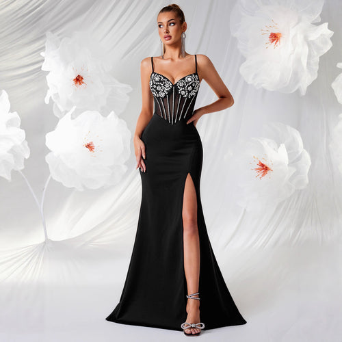Women's Spaghetti Strap Tulle Patchwork Slim Fit Sexy Evening Gown Party