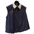 Women's Summer Korean Casual Sleeveless Lapel Collar Lightweight Shirt + Vest + Tank - Dark Denim