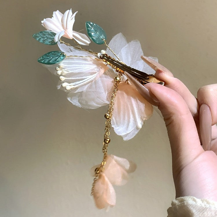 Fabric Pearl Flower Leaf Tassel Hair Clip - view 4