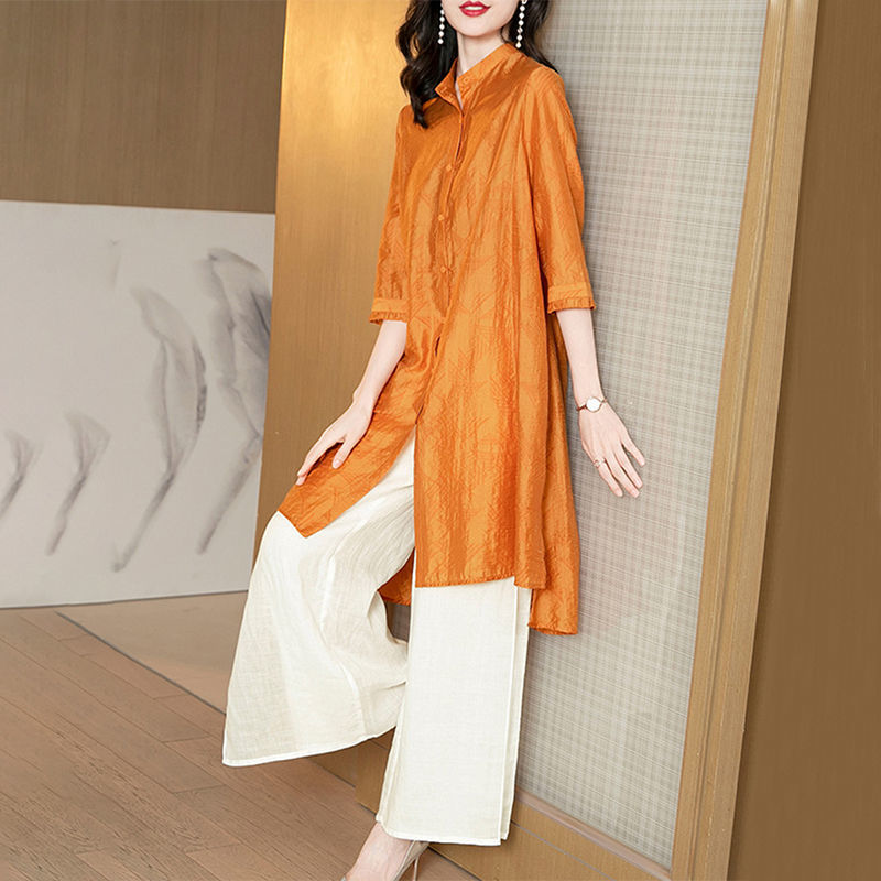 Summer Ethnic Fashion Plus Size Tencel Linen Cotton Loose Long Wide Leg Pants + Shirt 2-Piece Set