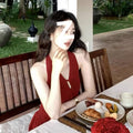 French Retro Red Halter Fitted Long Dress, Seaside Vacation