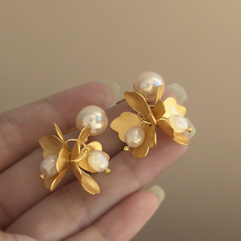 French Gold-Tone Floral Freshwater Pearl Earrings - view 4