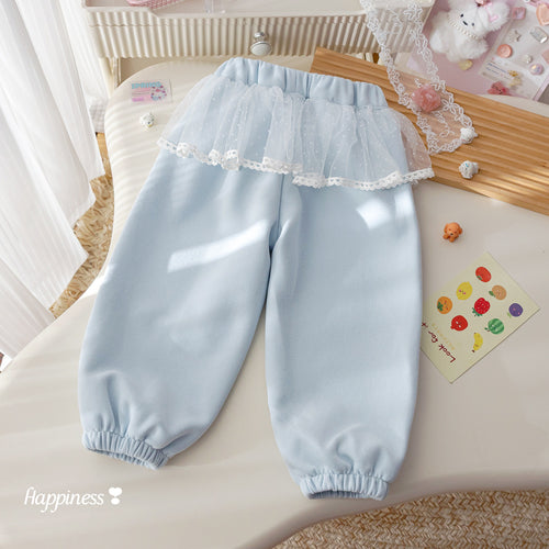 Girls' Cartoon Embroidered Lace Joggers - Fall