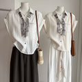 Summer Korean Casual Embroidered Short Sleeve Loose Cuffed Topstitched Shirt