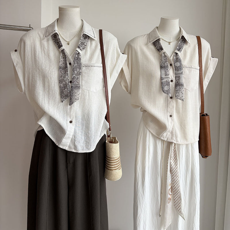 Summer Korean Casual Embroidered Short Sleeve Loose Cuffed Topstitched Shirt