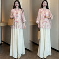 Early Spring New Chinese Fashion Frog Button Printed Loose Wide Leg Pants + Top 2-Piece Set