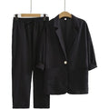 Women's Linen Cotton 3/4 Sleeve Textured Loose Elastic Jacket + Pants Set 2026 - Black
